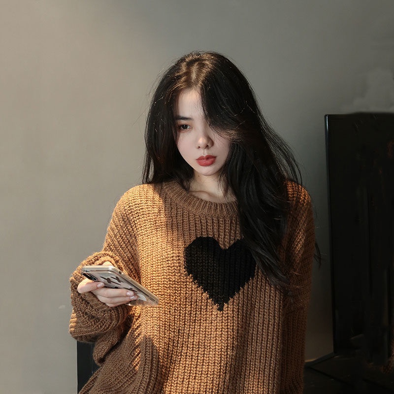 Áo dệt kim RENJIANVSHENG tay dài dáng rộng họa tiết trái tim kiểu retro phong cách Hàn Quốc