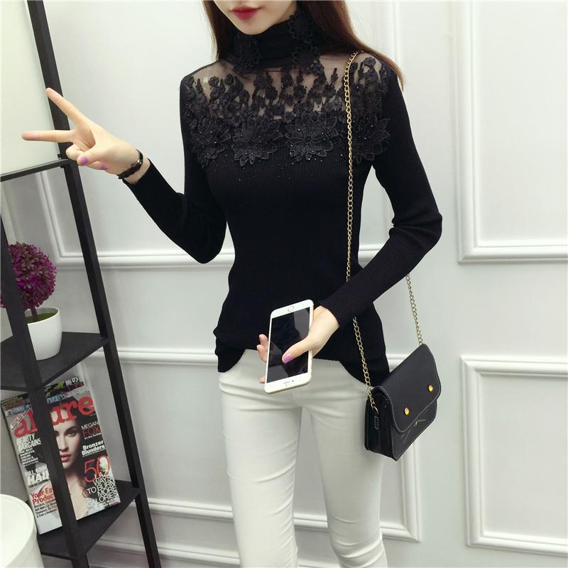 Áo len cổ lọ tay dài phối ren đính đá thời trang thu đông mới cho nữ 2021