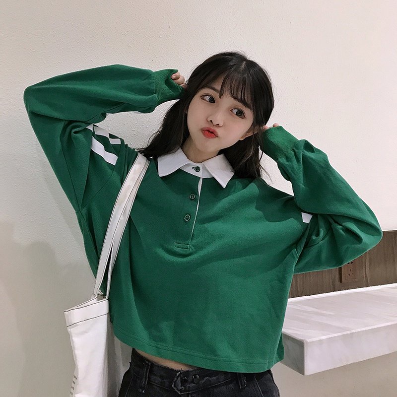 Áo polo Tay Dài Dáng Rộng Ngắn Họa Tiết Kẻ Sọc Thời Trang Hàn Quốc 2022 Mới