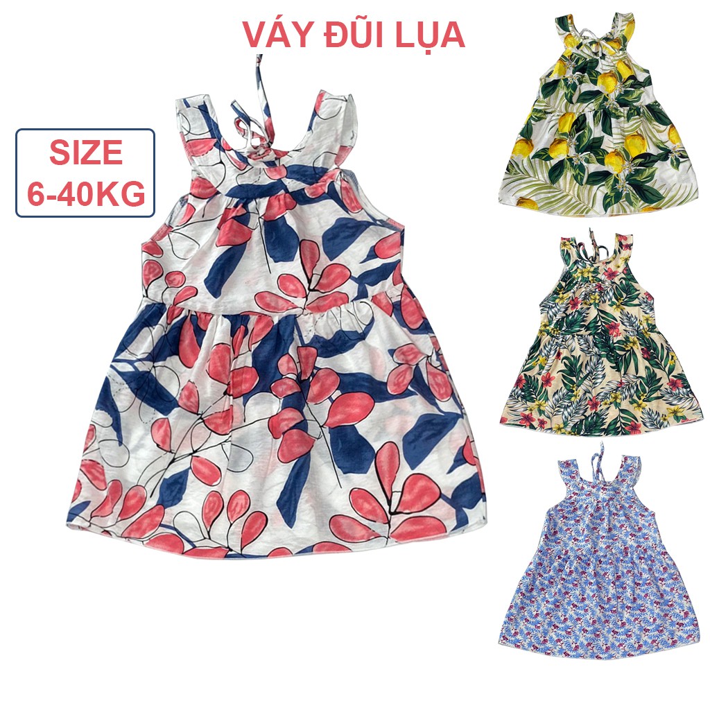 Váy bé gái cổ yếm họa tiết mùa hè đầm cho bé từ 2 đến 12 tuổi chất lụa hàn, size đại 40kg