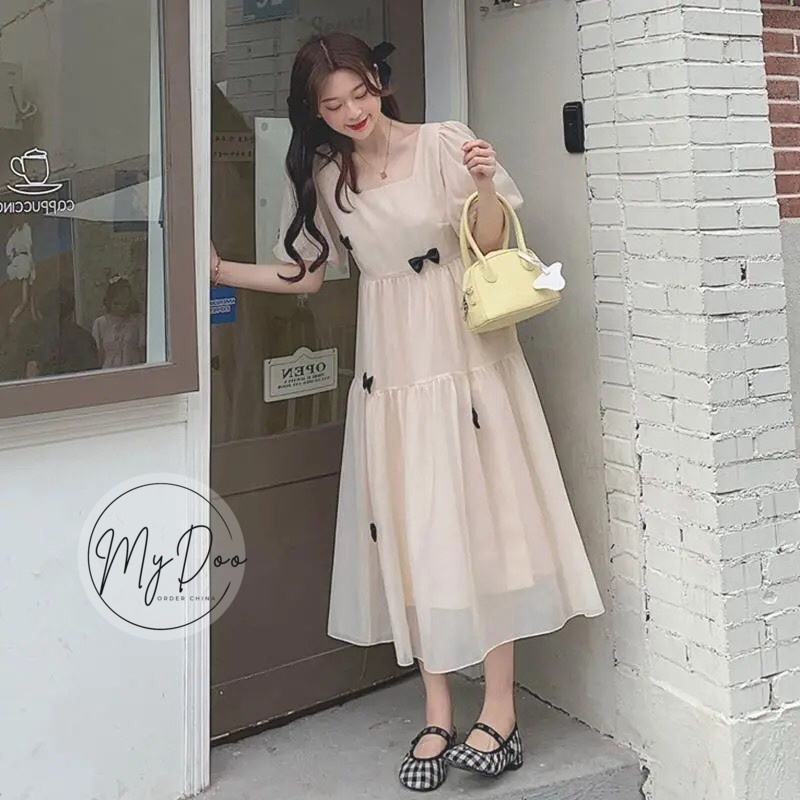 Váy trắng tiểu thơ dài xinh xắn 2 lớp HOT TREND váy baby doll nơ tay bồng cho nữ - V1