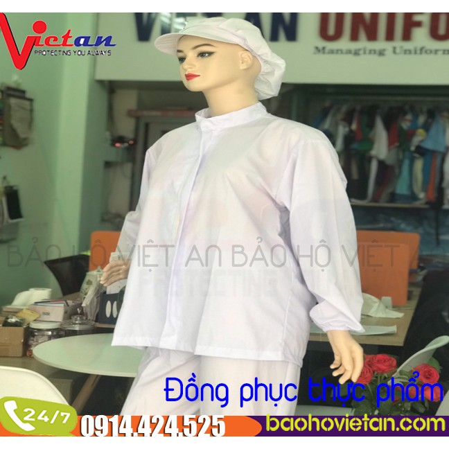 Đồng Phục Chế Biến Thực Phẩm - Nhà Máy Thực Phẩm Hình Thật 100% Vải Silk Trắng Mặc Mịn Mát.
