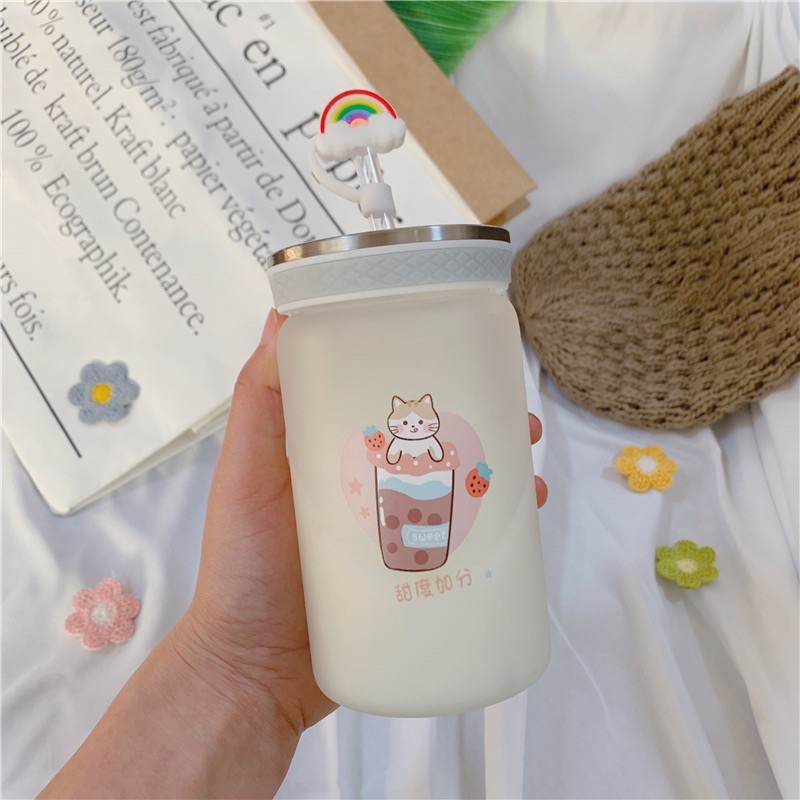 Cốc/Bình Thủy Tinh Đựng Nước Dày Kèm Ống Hút Họa Tiết Hoạt Hình Siêu Dễ Thương