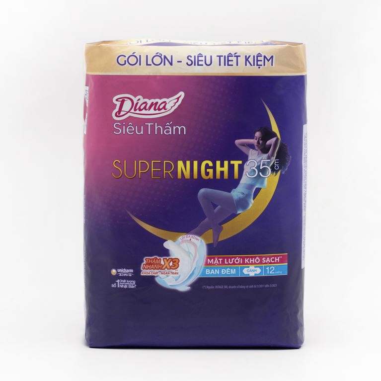 Gói 3 Miếng và Gói 12 Miếng Băng Vệ Sinh Diana Super Night Siêu Thấm Có Cánh CHÍNH HÃNG