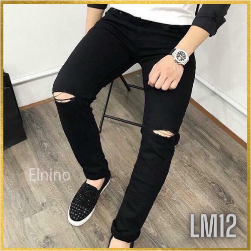 Quần Jean Nam Đẹp, Cao Cấp Dáng Côn Màu Đen (TRƠN &amp; RÁCH GỐI ) - Dáng Slimfit
