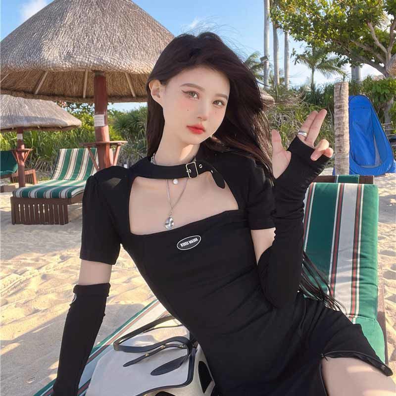 COZOK Đầm Ngắn Tay Cổ Vuông Phối Khóa Kéo Xinh Xắn Dành Cho Nữ