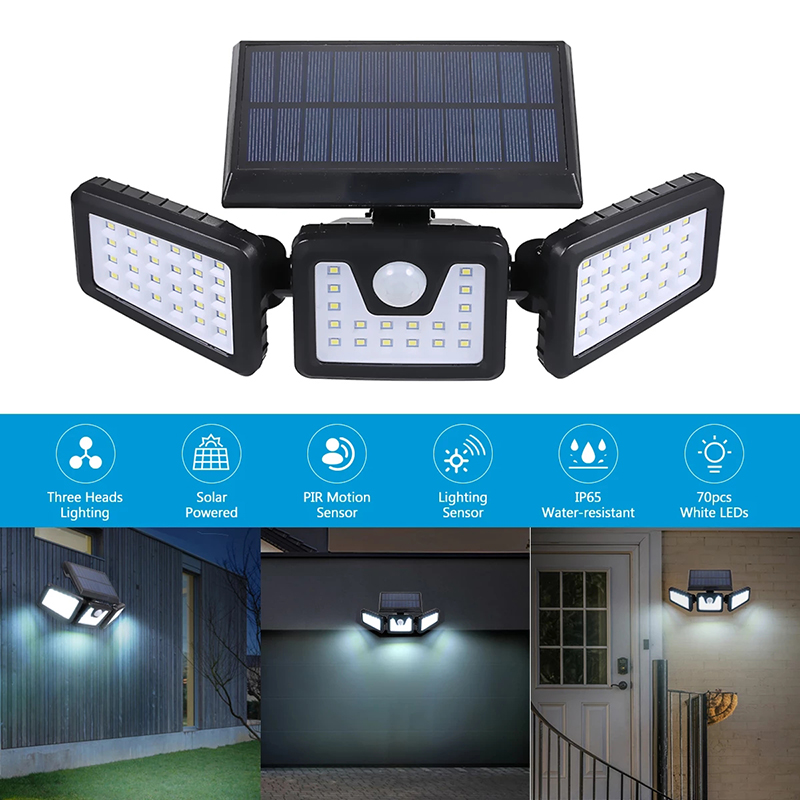 Motion Sensor Solar Security Lights/Wall-mounted 3 Mode Adjustable Motion Lights/Waterproof Outdoor Garden Walkway 3 Heads Night Wall Lamp