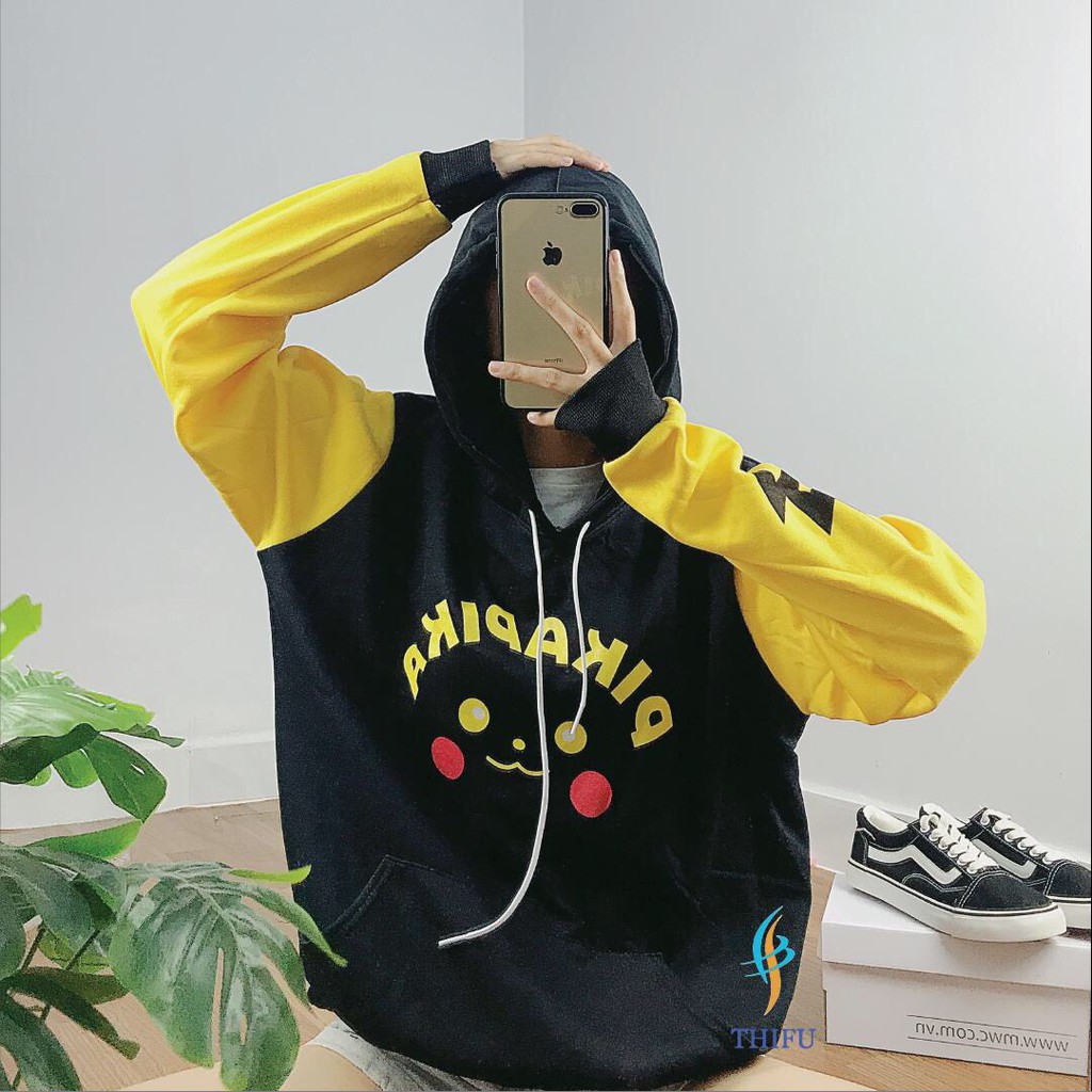 &lt; FREESHIP &gt; Áo hoodie vải nỉ, sweat hàn nam nữ vải dày dặn NÓN HAI LỚP (PIKACHU PHỐI VÀNG ĐEN)