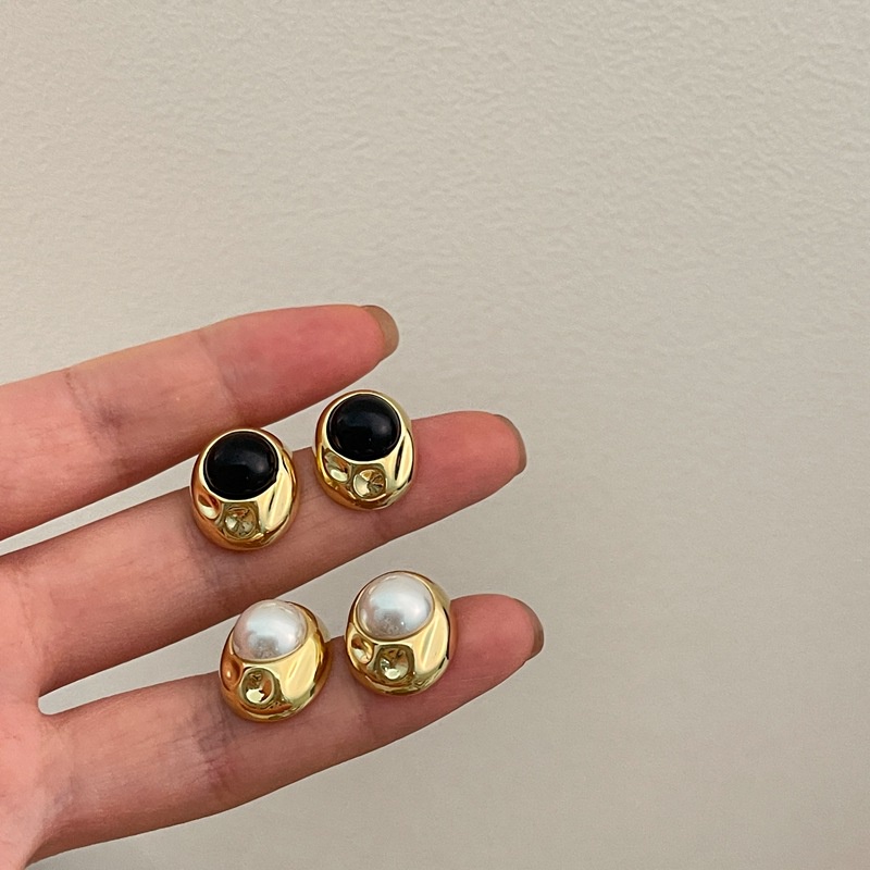 Khuyên Tai Onyx Kim Loại Đính Hạt Ngọc Trai Đen Phong Cách Vintage