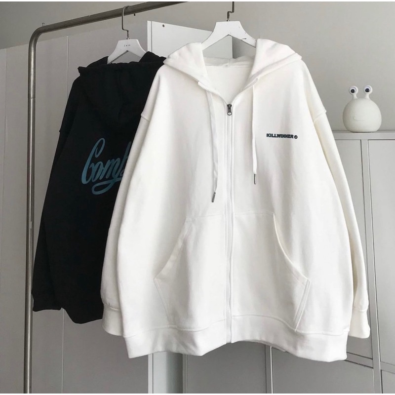 Áo hoodie zip khóa kéo from rộng tay bồng cực cá tính, Áo khoắc Nữ có mũ chất nỉ da cá có 2 màu đen trắng Vati