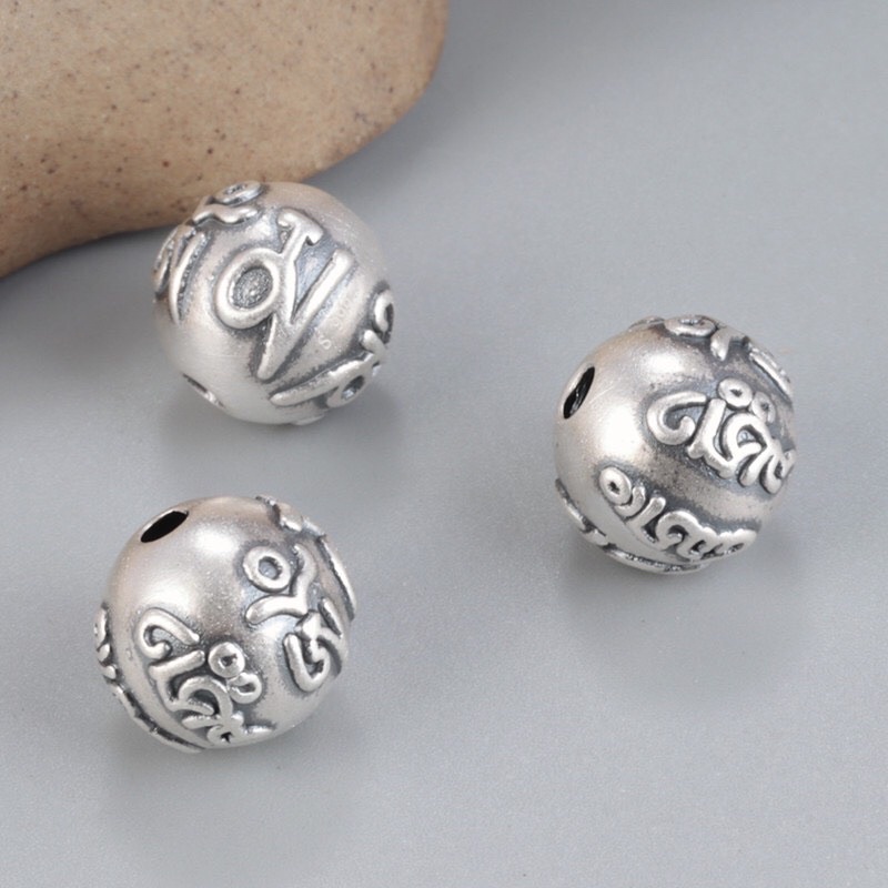GIÁ SỈ  Bạc chuẩn: Charm bi bạc 12mm chạm lục chú - Hàng đẹp loại 1