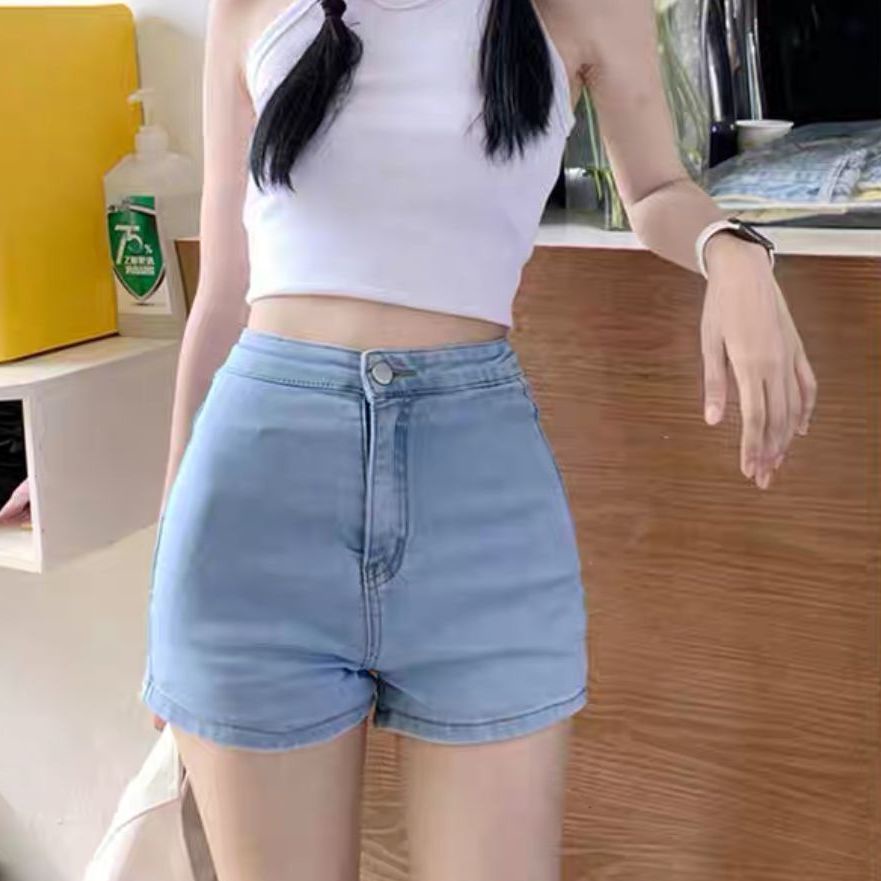 Quần short denim COZOK lưng cao co giãn kiểu dáng đơn giản thời trang