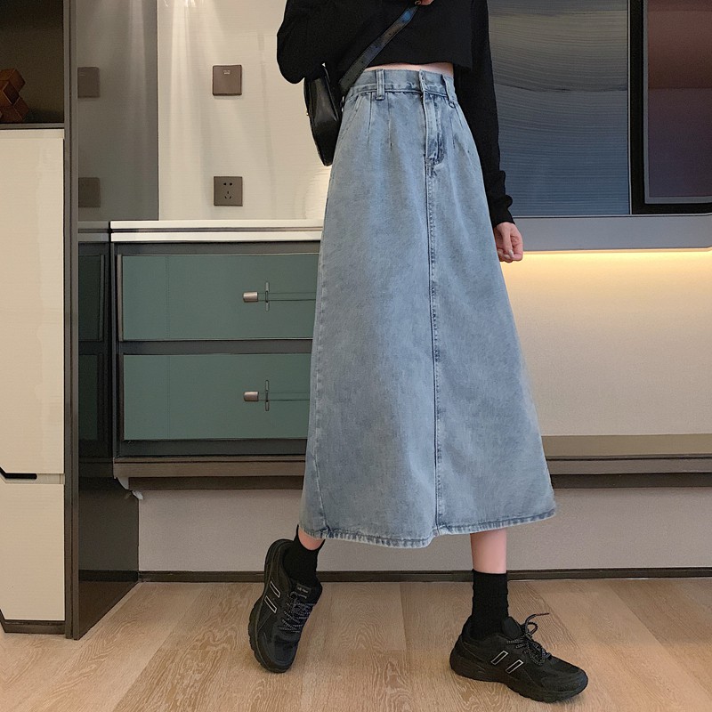 Chân Váy Denim Lưng Cao Xẻ Tà Phong Cách Vintage | BigBuy360 - bigbuy360.vn