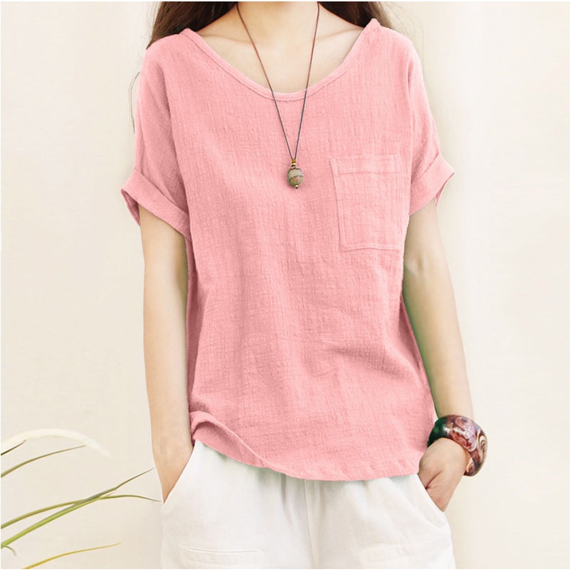 Áo Sơ Mi Nữ Vải Lanh Cotton Dáng Rộng Tay Ngắn Cổ Tròn Màu Trơn Cỡ Lớn 5XL Thời Trang Mùa Hè