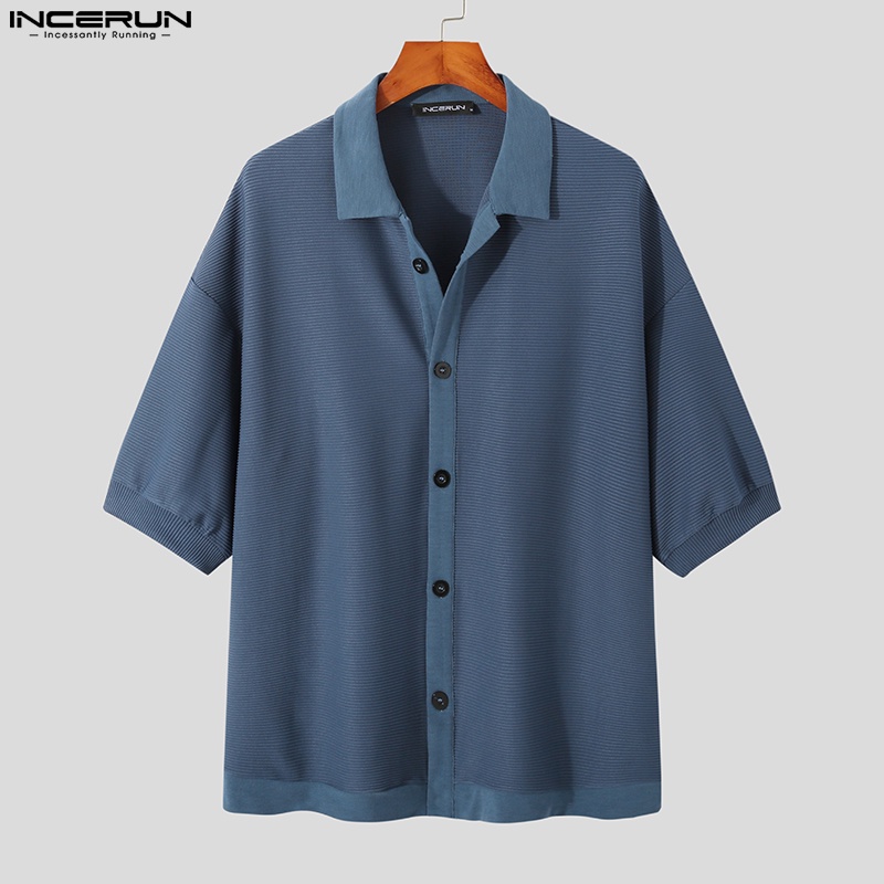 INCERUN Áo Sơ Mi Ngắn Tay Dáng Rộng Màu Sắc Đơn Giản Cho Nam
