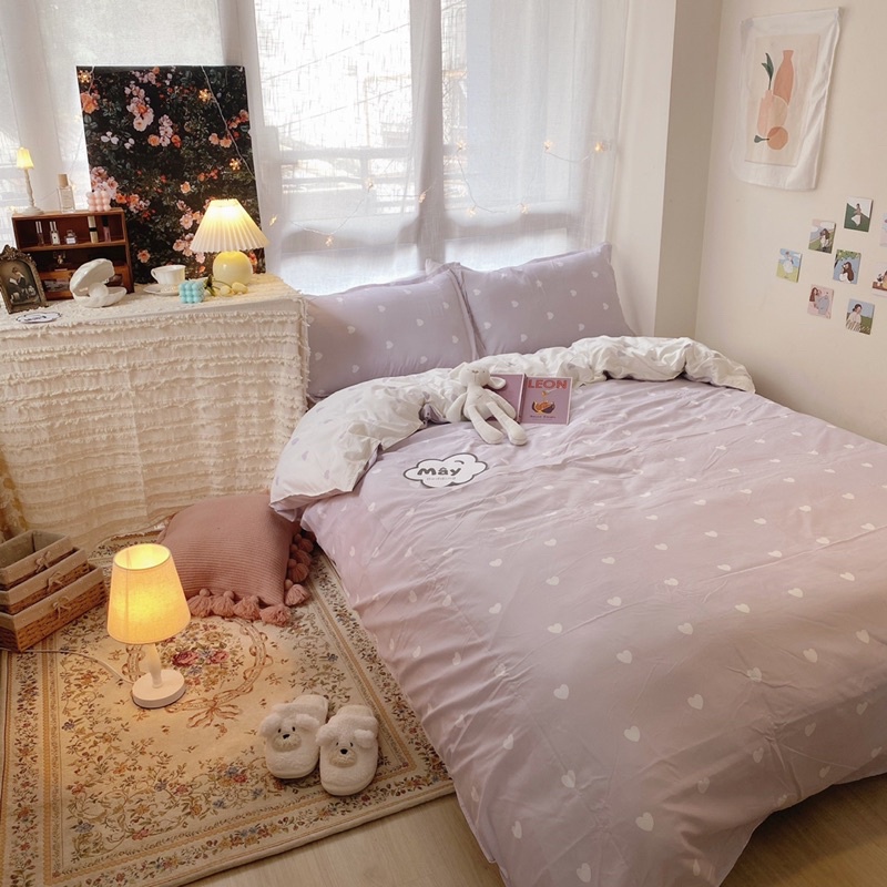 Bộ chăn ga gối Cotton Poly hoạ tiết tim phối màu xám vàng xanh hồng MÂY BEDDING đủ kích thước nệm