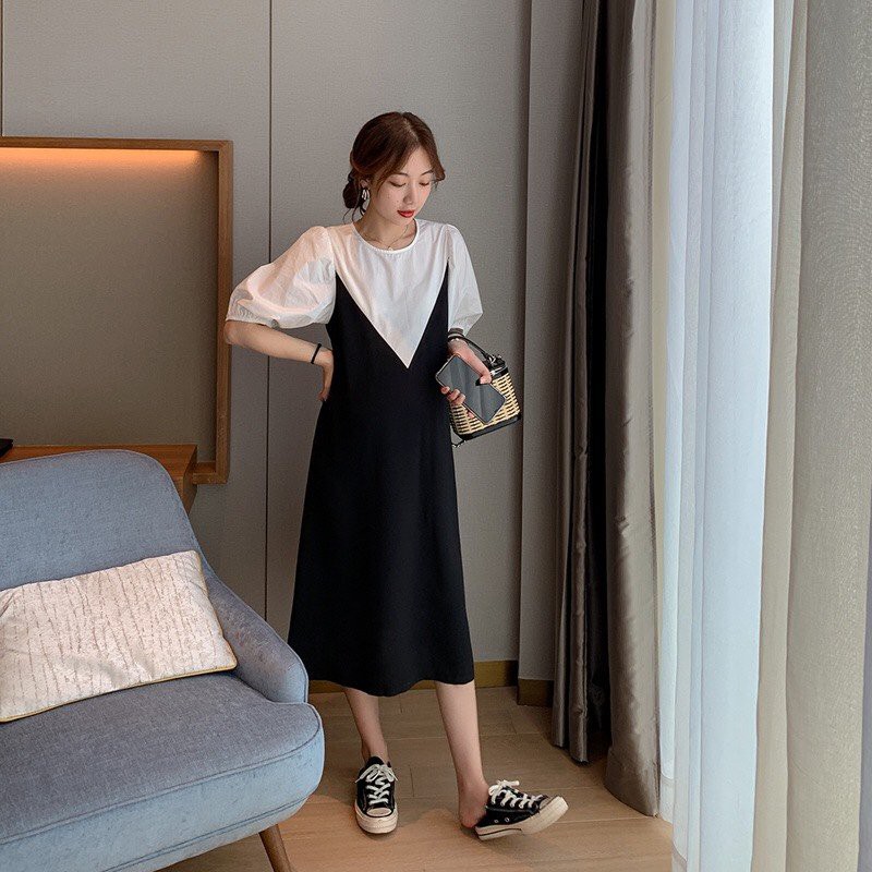Váy bầu bigsize - Đầm bầu thiết kế GuMe màu Đen dáng suông Phối Trắng Tay bo - vải sạn lụa size từ 40-100kg MB250 trắng