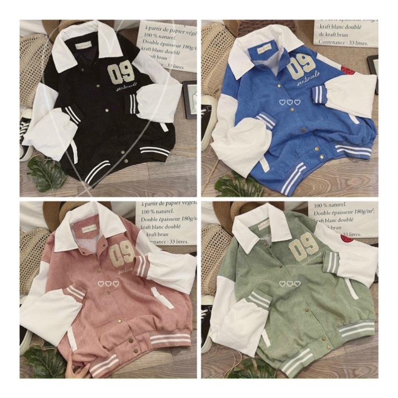 Áo Khoác Bomber Unisex CỔ BẺ Chất Nhung Tăm Chống Nắng Thêu Số 09 ,Form Rộng Tay Bồng Đẹp Nam Nữ