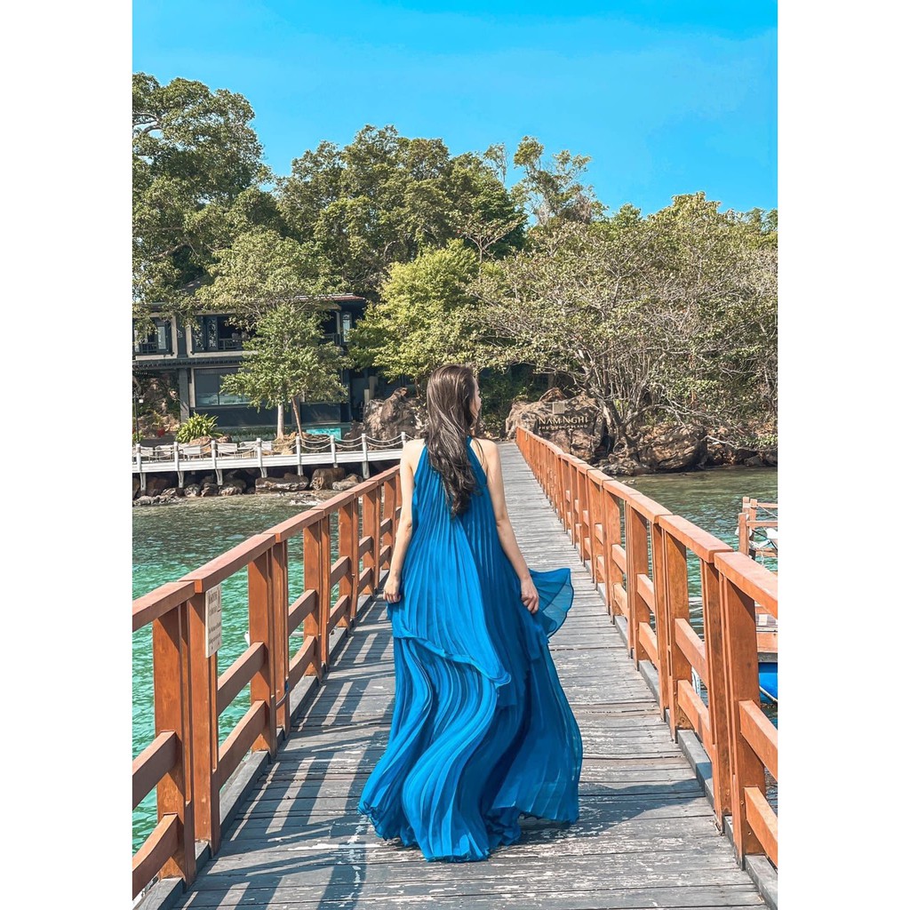 Váy maxi dập li | Đầm dạo biển chất liệu voan tơ cao cấp