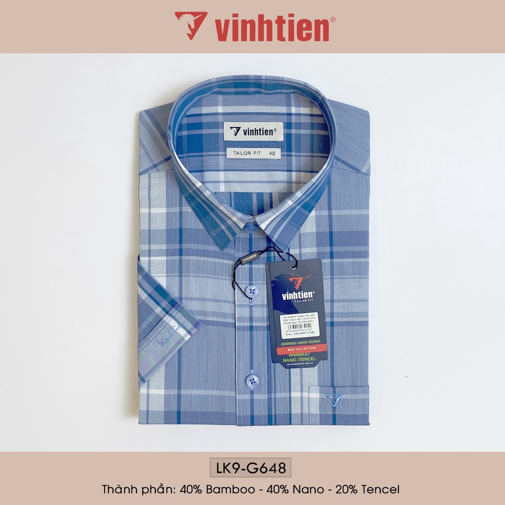 Áo Sơ Mi Nam Tay Ngắn Sọc Caro Bamboo Vĩnh Tiến Form Tailor Fit Vạt Ngang 430 - G648