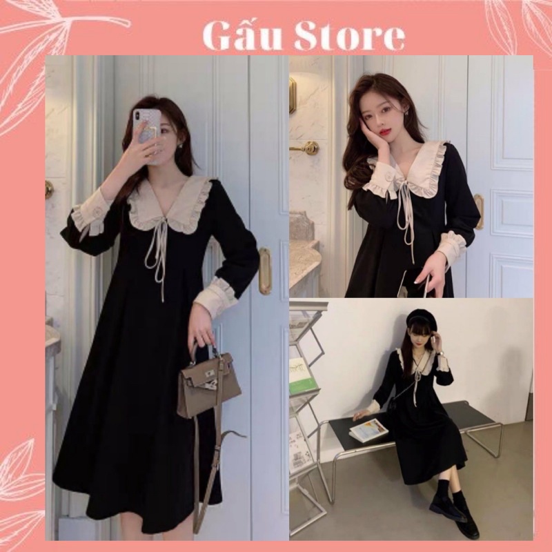 Đầm Đen Kiểu Pháp Cổ Phối Buộc Dây dưới 60kg gaustore – Đầm đen Vintage