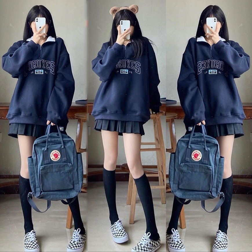 Áo Hoodie nữ thêu chữ tay bồng Màu xanh dương - Áo thun dài tay [Ảnh thật/Video] phong cách Hàn Quốc