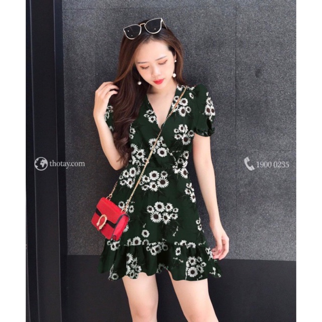 Đầm hoa cổ đấp chéo voan lụa