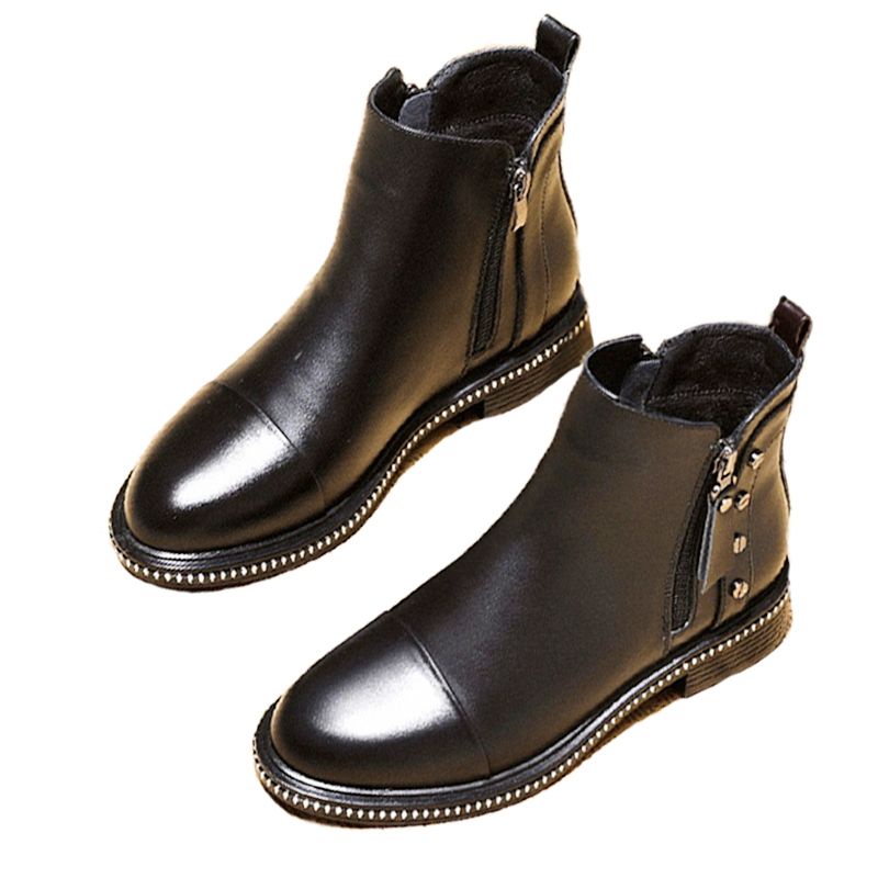 Giày Bốt Martin Cổ Thấp Đế Bằng Màu Đen Có Khóa Kéo Thời Trang Thu Đông 2022 Cho Nữ
