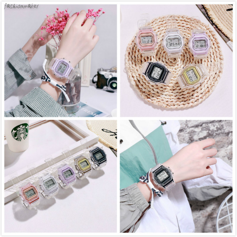 Fashionmaker New Women Fashion Transparent Sports Waterproof LED Watch Small Square Electronic Watch Ins