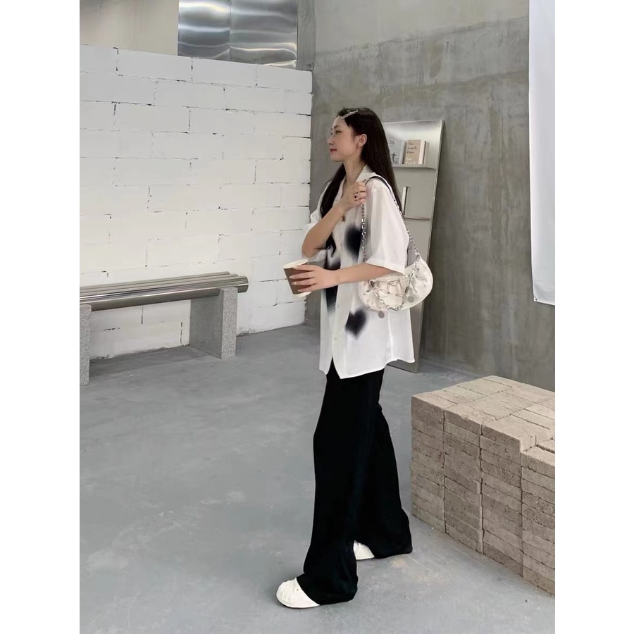 Áo Sơ Mi Tay Ngắn Cổ Polo Dáng Rộng In Họa Tiết Trái Tim Thời Trang Hàn Quốc Cho Nữ