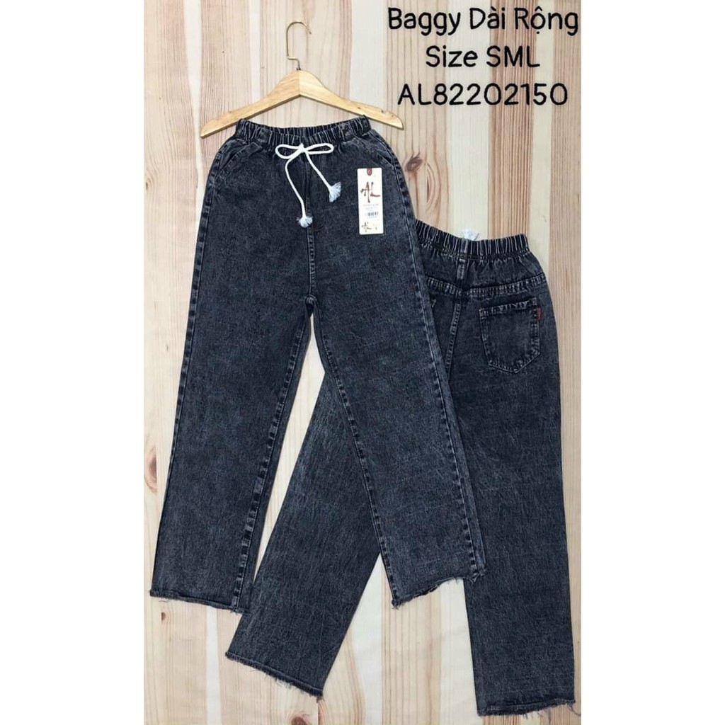 Quần baggy jean dài ống rộng lưng thun màu xám mẫu trơn