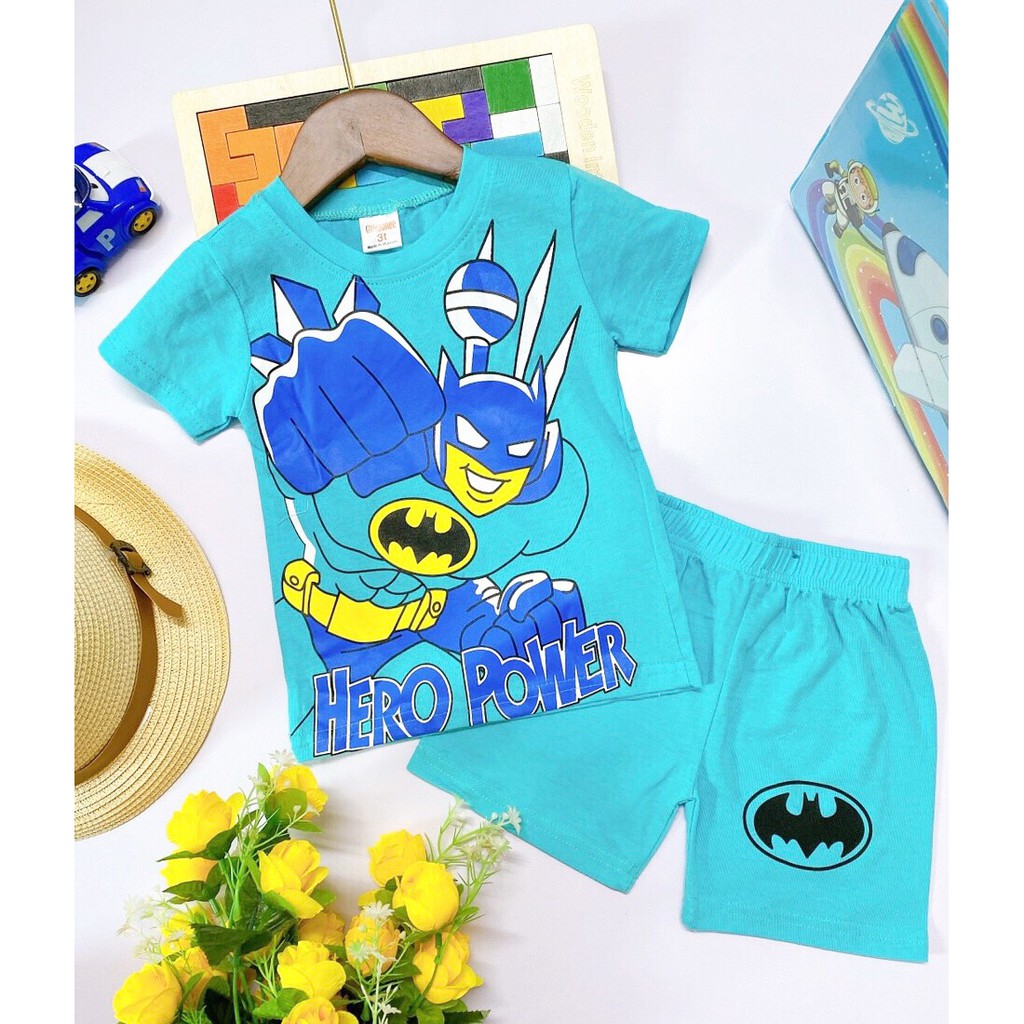 Bộ cộc tay cotton in hình siêu anh hùng cho bé trai 8kg đến 22kg