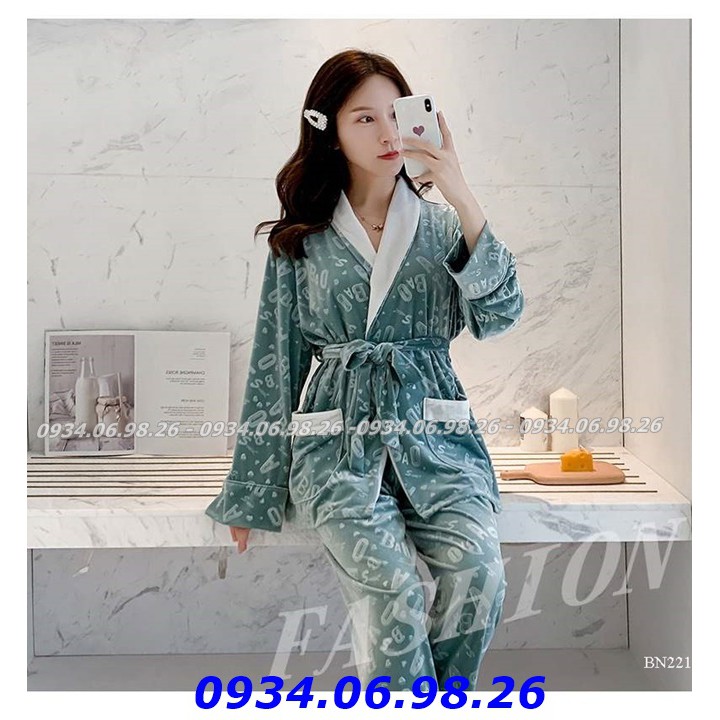 Đồ bộ mặc nhà cao cấp - Bộ ngủ quần dài tay dài mùa đông kiểu dáng pijama cột dây chất nhung siêu sang đẹp