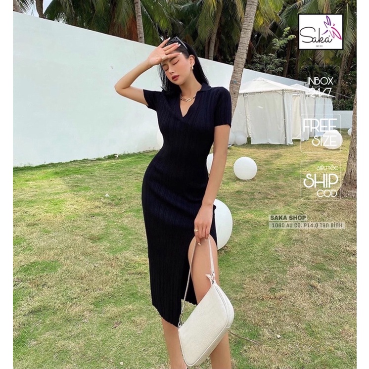 Đầm ôm body xẻ tà cổ sơ mi đầm ôm