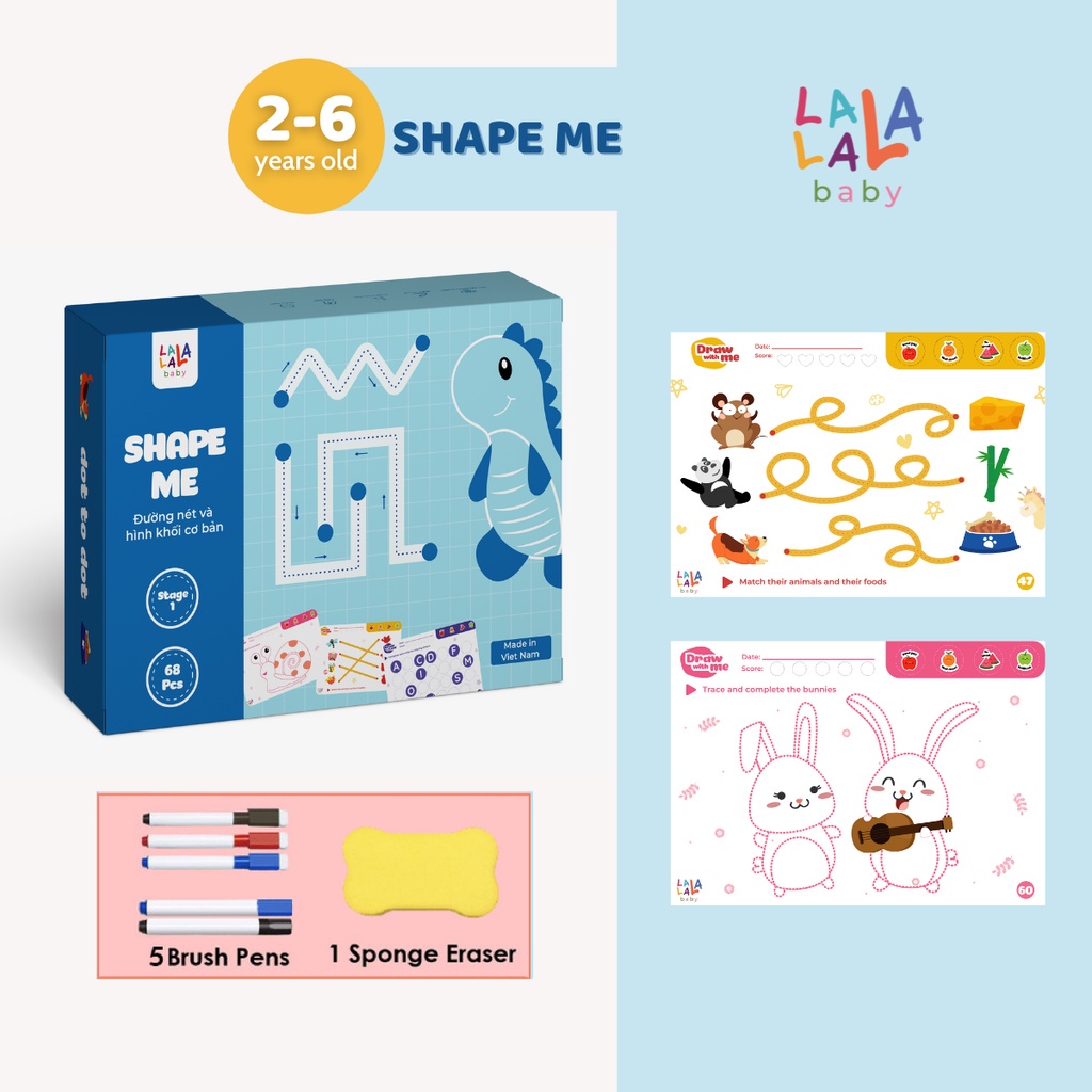 Đồ chơi tập viết cho bé 1-6 tuổi sách tập tô vẽ thông minh xóa được Lalala baby 68 trang kèm bút và mút xóa Homedy Kids