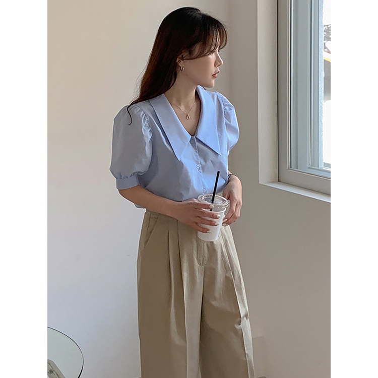 Áo Sơ Mi Tay Ngắn Phồng Cổ Chữ V Dáng Rộng Phong Cách retro Hàn Quốc Thời Trang Mùa Hè 2022 Cho Nữ