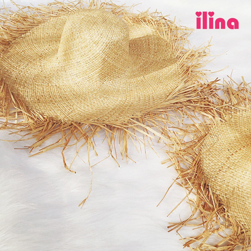 #ilina. Mũ cói đi biển Raffia, tua rơm, vành rộng. M 56 - 58cm. PM334