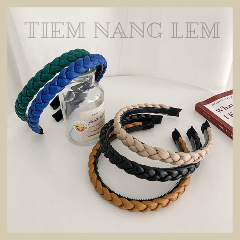 Băng đô cài tóc da PU tết đơn sắc nhiều màu hot trend