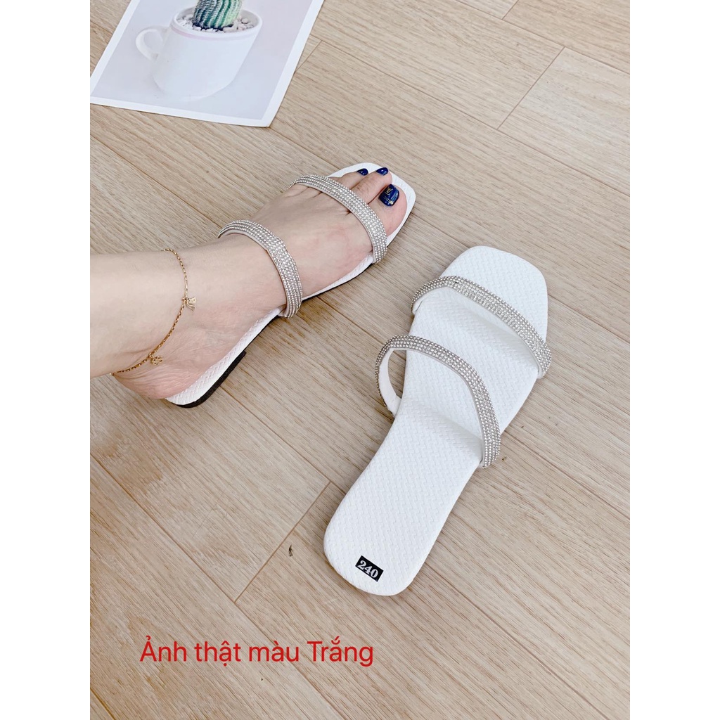Dép nữ quai ngang 2 dây sandal đế bằng lép kẹp xỏ ngón đính đá đi biển đẹp rẻ thời trang