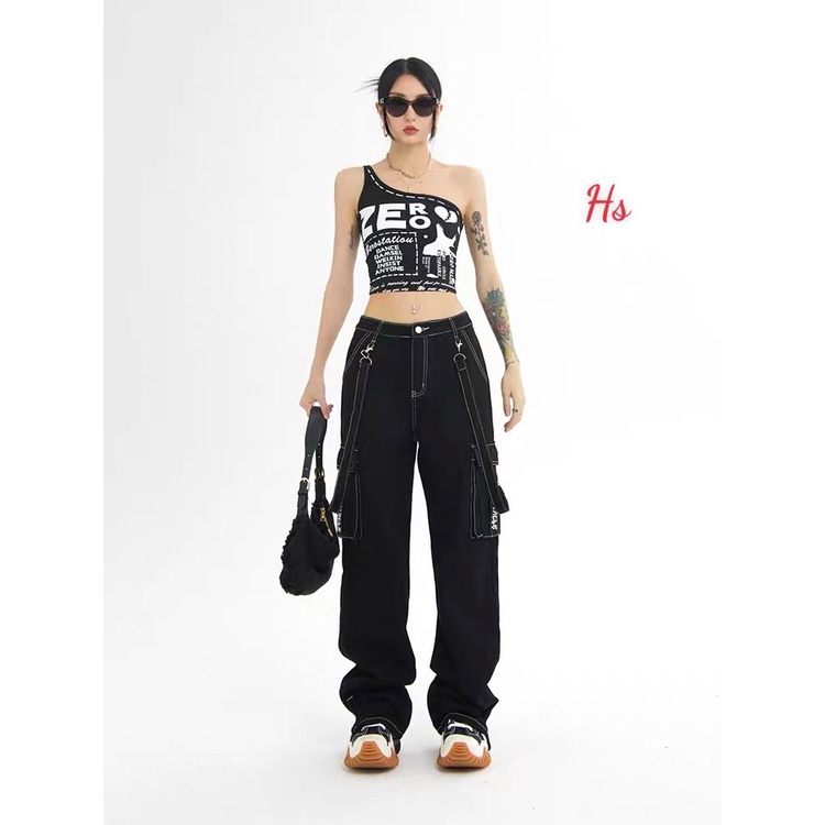 Quần jogger unisex  túi hộp phối khóa kèm dây đai 2 màu trắng, đen AOSY STORE mã 1169