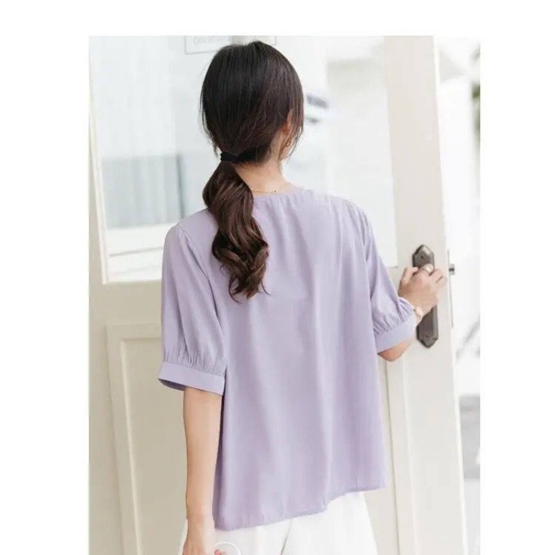 Áo Sơ Mi Voan Cổ Chữ V In Họa Tiết Hoa Oải Hương Phong Cách retro Pháp Dành Cho Nữ