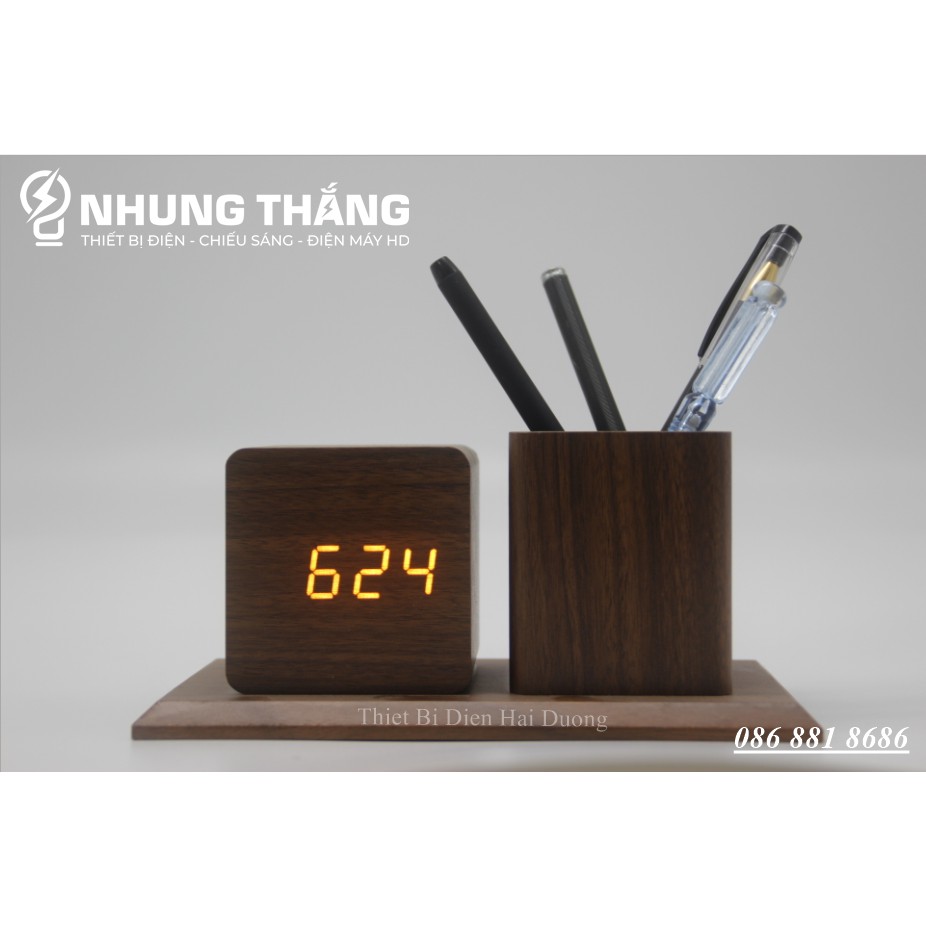 Đồng Hồ Gỗ Led Để Bàn Hình Vuông Bằng DH-96 - Kiêm Ống Đựng Bút - 4 Màu Thanh Lịch - Trang Trí Decor Vintage Căn Phòng