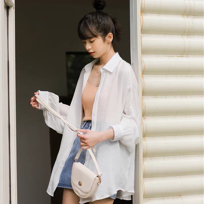 Áo Sơ Mi Nữ Lưới YUMI Dài Tay Form Rộng 2 Màu Đen Trắng Chất Mỏng Nhẹ Khoác Ngoài Cực Xinh Phong Cách Ulzzang