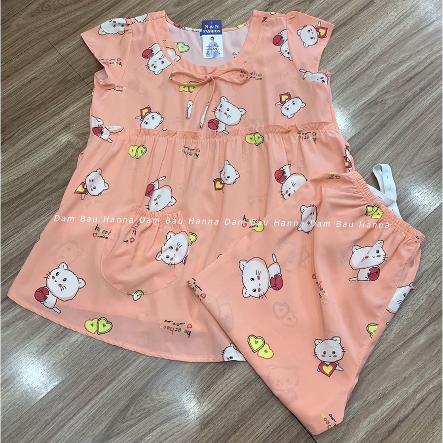 [HANNA] Đồ bộ bầu free size 40-70kg quần lửng mặc ở nhà vải lụa mango cao cấp thoáng mát không nhăn có thun điều chỉnh