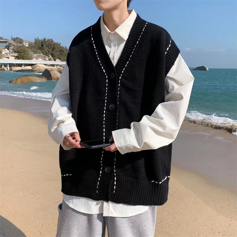 Áo Khoác Len Cardigan Sát Nách Màu Đen Kiểu Retro Nhật Bản Cá Tính Cho Nam