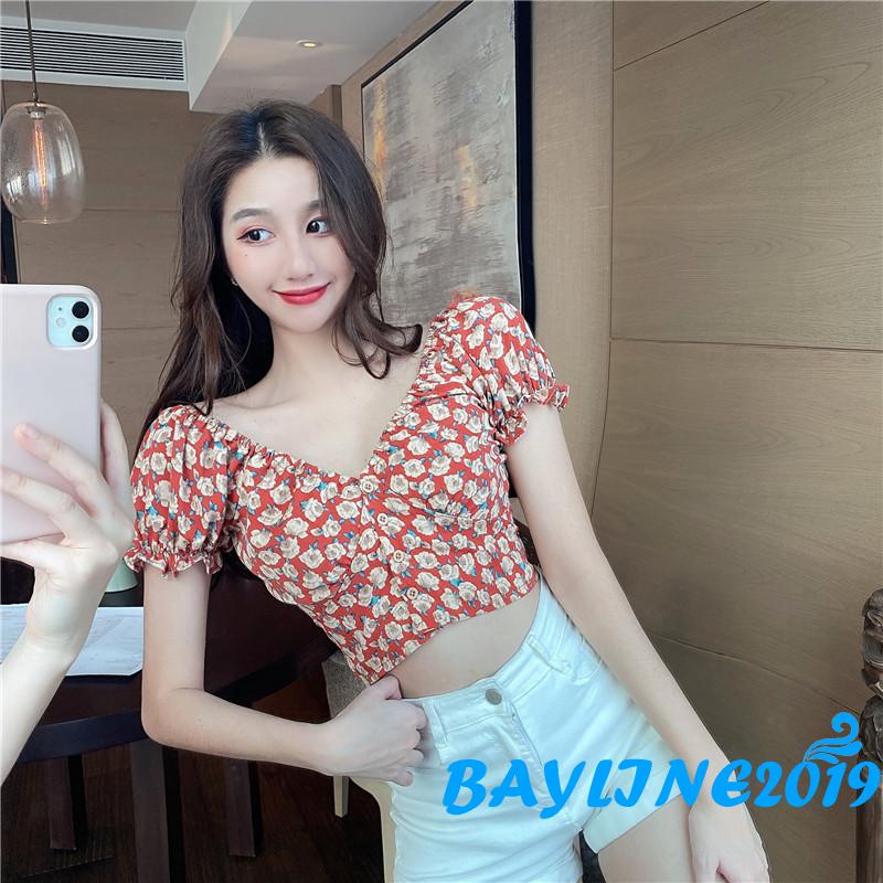Áo croptop tay ngắn cổ chữ V họa tiết hoa phong cách thời trang