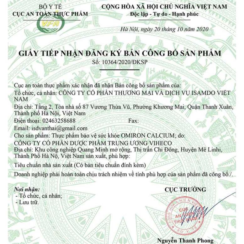 Omiron Calcium - Bổ sung Canxi, Vitamin D3, hỗ trợ phát triển chiều cao, giảm nguy cơ còi xương ở trẻ em, người lớn 20V