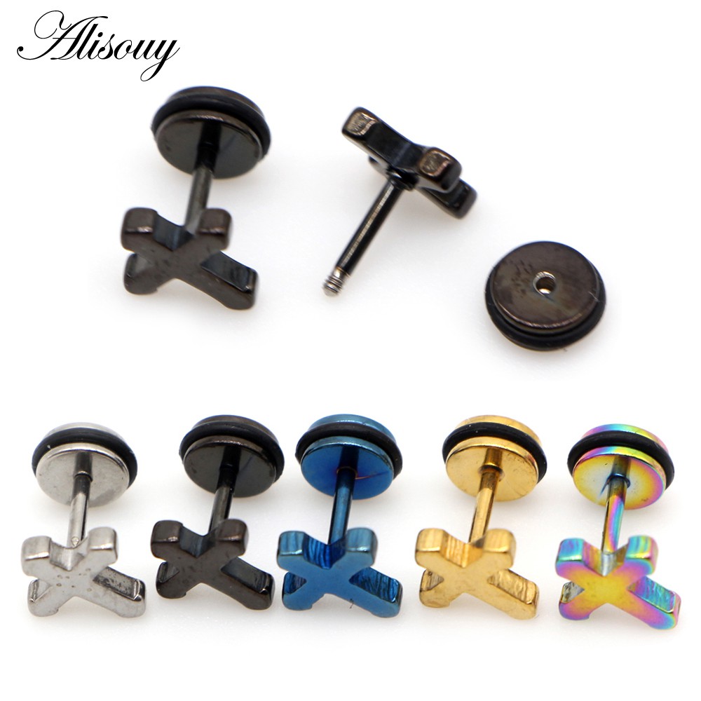 Alisouy Set 2 Khuyên Tai Thép Không Gỉ Hình Thánh Giá Màu Vàng / Bạc Phong Cách punk