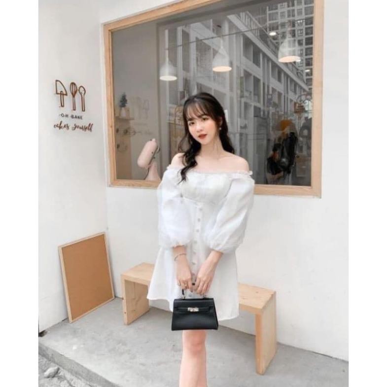 Váy trắng trễ vai thiết kế cúc bọc siêu xinh - Đầm trắng tiểu thư Hàn quốc (sẵn hàng)  ྇