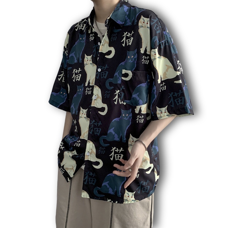 Áo sơ mi đi biển PURUILONG tay ngắn dáng rộng in hình mèo phong cách Hàn Quốc thời trang cho nam